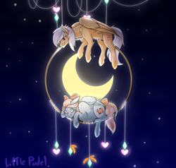 Size: 1366x1300 | Tagged: safe, artist:littlepudel, oc, pegasus, pony, crescent moon, dreamcatcher, moon, oc x oc, shipping