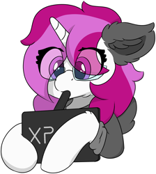 Size: 4548x5067 | Tagged: safe, artist:skylarpalette, oc, oc only, oc:skylar palette, pony, unicorn, absurd resolution, bust, cheek fluff, clothes, concentrating, cute, drawing, drawing tablet, ear fluff, eye clipping through hair, female, fluffy, focused, glasses, hoodie, hoof fluff, horn, mare, mouth hold, simple background, simple shading, solo, stylus, transparent background, unicorn oc