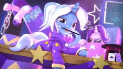 Size: 7680x4320 | Tagged: safe, artist:calveen, starlight glimmer, trixie, pony, unicorn, 3d, absurd resolution, alternate hairstyle, babysitter trixie, card, chest, clothes, duo, duo female, female, hat, hoodie, mouth hold, source filmmaker, stage, stars, trixie's hat