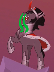 Size: 283x380 | Tagged: safe, edit, edited screencap, editor:whodoesntlovesnot, screencap, king sombra, pony, unicorn, g4, the cutie re-mark, 1000 hours in ms paint, cropped, evil laugh, eyes closed, laughing, male, open mouth, overcast, red sky, runny nose, snot, snot edit, solo