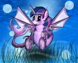 Size: 1024x830 | Tagged: safe, artist:rubyredorca, twilight sparkle, alicorn, hippocampus, merpony, pony, seapony (g4), g4, bubble, crepuscular rays, female, fin wings, fish tail, flowing tail, horn, looking at you, ocean, purple eyes, seaponified, seapony twilight, seaweed, signature, smiling, solo, species swap, swimming, tail, twilight sparkle (alicorn), underwater, water, wings