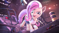 Size: 3840x2160 | Tagged: safe, artist:calveen, fluttershy, pegasus, pony, g4, 3d, 90s grunge fluttershy, bandaid, bandaid on nose, bench, building, cap, city, clothes, hat, high res, looking at you, skirt, smiling, smirk, source filmmaker, tongue out