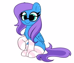 Size: 4096x3507 | Tagged: safe, artist:kittyrosie, oc, oc only, pegasus, pony, big eyes, blushing, clothes, commission, cute, cyan eyes, ear freckles, freckles, glasses, high res, ocbetes, pegasus oc, raised hoof, simple background, sitting, smiling, socks, solo, striped socks, white background, ych result