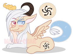 Size: 1477x1137 | Tagged: dead source, safe, artist:cherritoppu, oc, oc only, draconequus, blushing, draconequus oc, heterochromia, horns, lying down, prone, simple background, smiling, solo, transparent background, wings
