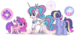 Size: 1348x643 | Tagged: dead source, safe, artist:cherritoppu, princess flurry heart, oc, alicorn, pegasus, pony, g4, blushing, ethereal mane, female, grin, hair over eyes, hoof shoes, horn, jewelry, male, mare, offspring, older, older flurry heart, parent:princess cadance, parent:shining armor, parents:shiningcadance, pegasus oc, peytral, raised hoof, simple background, smiling, stallion, starry mane, tiara, transparent background, wings