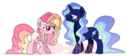 Size: 2052x908 | Tagged: dead source, safe, artist:cherritoppu, oc, oc only, oc:cherry bloom, pony, unicorn, duo, female, grin, horn, male, mare, raised hoof, simple background, smiling, stallion, transparent background, unicorn oc