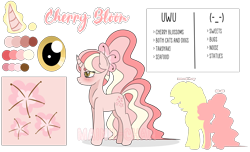 Size: 3188x1944 | Tagged: dead source, safe, artist:cherritoppu, oc, oc only, oc:cherry bloom, pony, unicorn, eye, female, glowing horn, horn, mare, reference sheet, silhouette, simple background, solo, transparent background