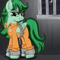 Size: 1024x1024 | Tagged: safe, artist:star14131, oc, oc only, oc:eden shallowleaf, pony, bound wings, clothes, cuffs, jail, jumpsuit, prison, prison outfit, smiling, smirk, solo, wings
