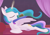 Size: 1394x988 | Tagged: safe, artist:dusthiel, princess celestia, alicorn, pony, g4, atg 2021, cake, cake slice, cakelestia, ethereal mane, ethereal tail, eyes closed, female, food, leg fluff, lying down, magic, mare, newbie artist training grounds, on side, open mouth, partially open wings, solo, tail, telekinesis, wings
