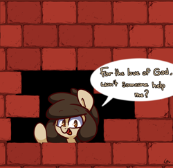 Size: 2500x2432 | Tagged: safe, alternate version, artist:lou, oc, oc only, oc:louvely, pony, brick wall, commission, edgar allan poe, high res, immurement, meme, solo, the cask of amontillado, wall