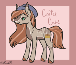 Size: 1750x1500 | Tagged: safe, artist:misskanabelle, oc, oc only, oc:coffee cake, earth pony, pony, abstract background, beanie, colored hooves, earth pony oc, female, hat, mare, offspring, parent:carrot cake, parent:cup cake, parents:carrot cup, signature