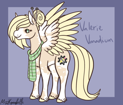 Size: 1750x1500 | Tagged: safe, artist:misskanabelle, oc, oc only, oc:valerie vanadium, pegasus, pony, abstract background, clothes, hairpin, offspring, parent:derpy hooves, parent:doctor whooves, parents:doctorderpy, pegasus oc, scarf, signature, two toned wings, unshorn fetlocks, wings
