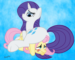Size: 1280x1024 | Tagged: safe, artist:rozyfly10, artist:wolfnanaki, edit, fluttershy, rarity, pegasus, pony, unicorn, g4, blue background, blushing, butt, butt touch, duo, faceful of ass, facesitting, female, femdom, femsub, flutterseat, fluttersub, lesbian, looking at butt, looking down, lucky girl, plot, raridom, rearity, ship:flarity, shipping, signature, sitting, sitting on person, sitting on pony, smiling, submissive, the ass was fat