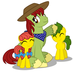 Size: 1600x1590 | Tagged: safe, artist:aleximusprime, tex, oc, oc:annie smith, oc:apple chip, flurry heart's story, apple twins, clothes, cowboy hat, father, father and child, father and daughter, father and son, father's day, female, hat, like father like daughter, like father like son, like parent like child, male, noogie, nuzzling, offspring, parent:applejack, parent:tex, parents:texjack, scarf, siblings, stetson, twins