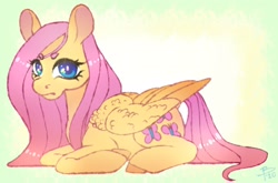 Size: 2048x1353 | Tagged: safe, artist:flutterbree, fluttershy, pegasus, pony, g4, beanbrows, cute, daaaaaaaaaaaw, eyebrows, female, gradient background, looking at you, lying down, mare, ponyloaf, prone, shyabetes, solo, wing fluff