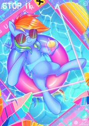 Size: 848x1200 | Tagged: safe, artist:wavecipher, rainbow dash, pegasus, pony, g4, drink, female, inner tube, solo, summer, sunglasses, swimming pool, triangle