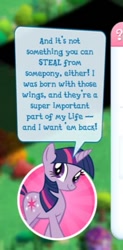Size: 265x540 | Tagged: safe, gameloft, twilight sparkle, pony, unicorn, g4, blatant lies, critical research failure, dialogue, error, fail, implied theft, implied wings, incorrect, mobile game, no, solo, somebody needs to rewatch the show, speech bubble, text, unicorn twilight, wrong, you had one job