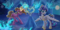 Size: 4000x2000 | Tagged: safe, artist:shaslan, luster dawn, princess flurry heart, alicorn, pony, unicorn, g4, the last problem, crown, crystal heart, duo, glowing horn, hoof shoes, horn, jewelry, magic, magic aura, older, older flurry heart, open mouth, regalia, teeth