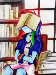 Size: 2598x3472 | Tagged: safe, artist:liaaqila, rainbow dash, equestria girls, g4, book, book on head, bookshelf, crossed arms, high res, meme, reading, reading rainbow, solo, traditional art