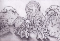 Size: 1484x1014 | Tagged: safe, artist:nedemai, pinkie pie, oc, pony, unicorn, g4, atg 2021, clock, clocks, horn, lots of clocks, newbie artist training grounds, pencil, pencil drawing, traditional art, unicorn oc