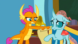 Size: 1920x1076 | Tagged: safe, screencap, ocellus, smolder, changedling, changeling, dragon, 2 4 6 greaaat, g4, chalkboard, music tuner box, raised hoof, scroll, smolder is not amused, unamused