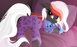 Size: 3229x1979 | Tagged: safe, artist:andaluce, princess luna, oc, oc only, oc:amaryllis, bat pony, pony, bed, butt flap, clothes, cute, female, filly, lineless, mare, pajamas, plushie, solo, woona, younger