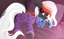 Size: 3229x1979 | Tagged: safe, artist:andaluce, princess luna, oc, oc only, oc:amaryllis, bat pony, pony, g4, bed, butt flap, clothes, cute, female, filly, lineless, mare, onesie, pajamas, plushie, solo, woona, younger