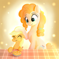 Size: 2000x2000 | Tagged: safe, artist:darksly, applejack, pear butter, earth pony, pony, g4, cute, eating, eyes closed, female, filly, filly applejack, food, freckles, herbivore, high res, jackabetes, mare, mother and child, mother and daughter, newbie artist training grounds, pearabetes, pie, puffy cheeks, younger
