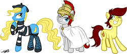 Size: 1839x780 | Tagged: safe, artist:serenamidori, oc, oc:britannia, oc:canni soda, oc:madame banane, pony, b.u.c.k., galacon, 2012, bronydays, france, germany, mascot, simple background, transparent background, trio, united kingdom