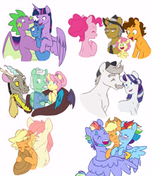 Size: 6264x7218 | Tagged: safe, artist:chub-wub, applejack, bow hothoof, bright mac, cheese sandwich, discord, fluttershy, gentle breeze, hondo flanks, igneous rock pie, li'l cheese, night light, pinkie pie, rainbow dash, rarity, spike, twilight sparkle, alicorn, draconequus, dragon, earth pony, ghost, pegasus, pony, undead, unicorn, the last problem, absurd resolution, adopted offspring, alternate hairstyle, appledash, applejack's hat, beard, blushing, cheesepie, cowboy hat, dad six, discoshy, eye clipping through hair, eyebrows, eyebrows visible through hair, eyes closed, facial hair, father and child, father and daughter, father and son, father's day, female, grandfather and grandchild, grin, group hug, hat, hug, lesbian, male, mane seven, mane six, mare, older, older applejack, older fluttershy, older mane seven, older mane six, older pinkie pie, older rainbow dash, older rarity, older spike, older twilight, open mouth, shipping, simple background, smiling, stallion, straight, twilight sparkle (alicorn), wall of tags, white background, winged spike, winghug, wings