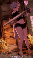 Size: 2160x3840 | Tagged: safe, artist:steamyart, oc, oc only, oc:steamy, unicorn, anthro, plantigrade anthro, 3d, breasts, clothes, cool steel (genshin impact), daisy dukes, feet, female, fire, genshin impact, glasses, heterochromia, high heels, high res, nail polish, open-toed shoes, shoes, shorts, solo, source filmmaker, sword, toenail polish, toes, weapon