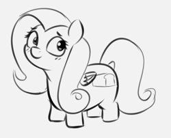 Size: 1077x870 | Tagged: safe, artist:heretichesh, fluttershy, pegasus, pony, g4, alternate cutie mark, female, gray background, grayscale, mare, monochrome, simple background, sketch, solo, squatpony