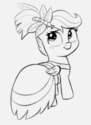 Size: 1443x1977 | Tagged: safe, artist:heretichesh, scootaloo, pegasus, pony, g4, clothes, dress, female, filly, gray background, grayscale, looking back, monochrome, simple background, sketch, solo