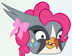 Size: 949x736 | Tagged: safe, artist:muhammad yunus, pinkie pie, bird, falcon, peregrine falcon, g4, amused, angry birds, angry birds 2, balloon, bow, crossover, cursed image, cutie mark, hair, hair bow, happy, open mouth, open smile, peale's falcon, silver (angry birds), smiling, solo, teeth, wide eyes