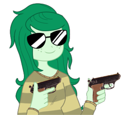 Size: 765x695 | Tagged: safe, artist:scampy, artist:somekindapete, edit, wallflower blush, human, fanfic:accidentally in yeet, equestria girls, g4, female, finger gun, finger guns, gun, pez gun, simple background, solo, sunglasses, transparent background, weapon