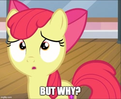 Size: 613x500 | Tagged: safe, edit, edited screencap, screencap, apple bloom, earth pony, pony, g4, :o, apple bloom's bow, bow, caption, cutie mark, female, filly, foal, hair bow, image macro, imgflip, open mouth, reaction image, text, the cmc's cutie marks