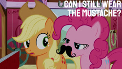 Size: 1280x720 | Tagged: safe, edit, edited screencap, editor:quoterific, screencap, applejack, pinkie pie, earth pony, pony, g4, season 3, spike at your service, applejack's hat, cowboy hat, facial hair, fake moustache, female, hat, mare, moustache, open mouth
