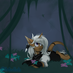Size: 3000x3000 | Tagged: safe, artist:mediasmile666, oc, oc only, pony, unicorn, feather, female, high res, leonine tail, lying down, mare, outdoors, solo