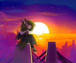 Size: 3000x2478 | Tagged: safe, artist:mediasmile666, oc, oc only, alicorn, bat pony, bat pony alicorn, pony, bat pony oc, bat wings, bridge, city, cityscape, clothes, commission, female, high res, hoodie, horn, looking at you, looking over shoulder, mare, red eyes, scenery, sidemouth, sitting, socks, solo, stars, sun, twilight (astronomy), wings