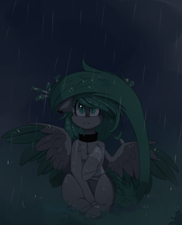 Size: 2426x3000 | Tagged: safe, artist:mediasmile666, oc, oc only, pegasus, pony, bandage, collar, colored wings, ear piercing, female, floppy ears, high res, mare, night, piercing, rain, sitting, slit pupils, solo, spread wings, wing claws, wings
