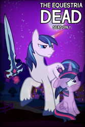 Size: 2000x3000 | Tagged: safe, edit, shining armor, twilight sparkle, alicorn, pony, unicorn, g4, crying, duo, female, glowing horn, high res, horn, magic, magic aura, male, moon, night, parody, sword, the walking dead game, twilight sparkle (alicorn), weapon