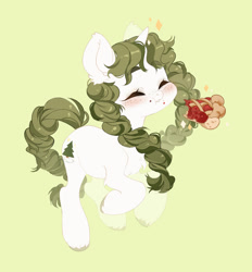 Size: 1135x1222 | Tagged: safe, artist:zilya-lya, oc, oc only, pony, unicorn, blushing, braid, eating, eyes closed, food, freckles, green background, herbivore, pie, simple background, solo