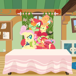 Size: 1620x1620 | Tagged: safe, anonymous artist, big macintosh, fluttershy, oc, oc:apple flutter, oc:apple sorbet, oc:crabapple cider, oc:late riser, oc:pink lemonade, oc:pink pearl apple, oc:sour apple, oc:summer breeze, earth pony, pegasus, pony, series:fm holidays, g4, alternate hairstyle, baby, baby pony, clothes, colt, cute, facial hair, family, father's day, female, filly, fluttershy's cottage, freckles, group hug, hug, male, mare, moustache, offspring, older, older big macintosh, older fluttermac, older fluttershy, parent:big macintosh, parent:fluttershy, parents:fluttermac, pony hat, shawl, ship:fluttermac, shipping, smiling, stallion, straight