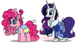 Size: 1142x640 | Tagged: source needed, safe, artist:cherritoppu, pinkie pie, rarity, earth pony, pony, unicorn, g4, clothes, duo, eyelashes, female, horn, mare, messy mane, older, older pinkie pie, older rarity, raised hoof, simple background, smiling, transparent background