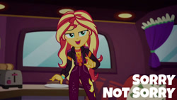 Size: 1280x720 | Tagged: safe, edit, edited screencap, editor:quoterific, screencap, sunset shimmer, human, equestria girls, equestria girls specials, g4, my little pony equestria girls: better together, my little pony equestria girls: sunset's backstage pass, clothes, cutie mark, cutie mark on clothes, female, geode of empathy, magical geodes, music festival outfit, open mouth, smiling, solo, sorry not sorry, the dazzlings tour bus