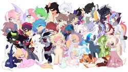 Size: 1080x610 | Tagged: safe, alternate version, artist:fluffponee, oc, oc only, alicorn, earth pony, pegasus, pony, unicorn, alicorn oc, background removed, bow, earth pony oc, ethereal mane, female, group, hair bow, hoof polish, horn, lying down, male, mare, multicolored hair, pegasus oc, prone, rainbow hair, simple background, sitting, smiling, stallion, starry eyes, starry mane, two toned wings, unicorn oc, white background, wingding eyes, wings