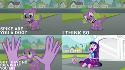 Size: 1280x720 | Tagged: safe, edit, edited screencap, editor:quoterific, screencap, spike, twilight sparkle, dog, human, insect, ladybug, equestria girls, g4, my little pony equestria girls, boots, clothes, cutie mark, cutie mark on clothes, duo, female, female pov, male, meme origin, offscreen character, offscreen female, open mouth, pov, screaming, shoes, spike the dog, statue, twilight's human reaction, twilighting, twiscream
