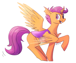 Size: 2318x1929 | Tagged: safe, artist:pc012, scootaloo, changedling, changeling, changepony, hybrid, pegasus, pony, g4, alternate universe, fangs, female, orange changeling, pegaling, species swap