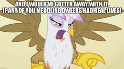 Size: 888x499 | Tagged: safe, edit, edited screencap, screencap, gilda, griffon, g4, griffon the brush off, season 1, caption, image macro, scooby-doo!, text