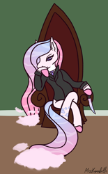 Size: 928x1500 | Tagged: safe, artist:misskanabelle, oc, oc only, earth pony, semi-anthro, arm hooves, clothes, colored hooves, earth pony oc, female, knife, signature, sitting, solo, throne